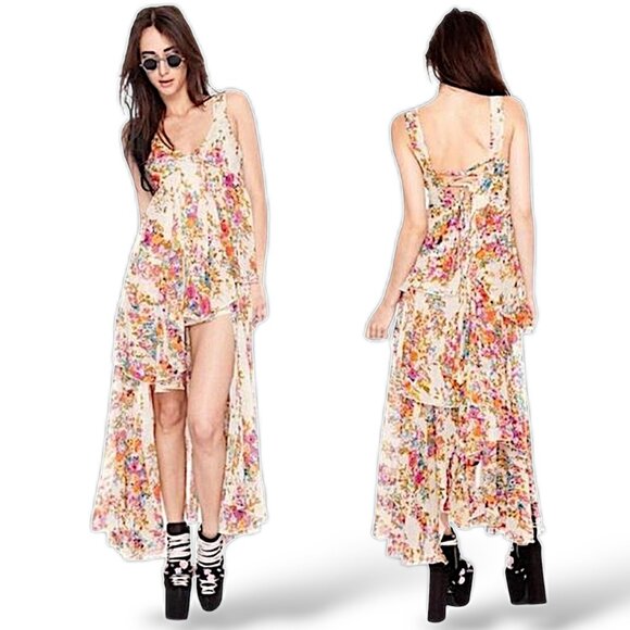 UNIF rare floral flounce tiered boho goth maxi dress women's size S - Picture 1 of 7